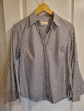 Michael Kors Blue and White Vertical Stripe Button-Down With Ruffle Sleeves